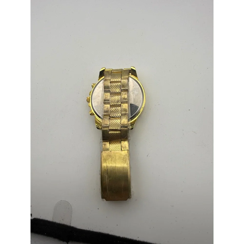 Geneva Mens Gold Tone Chronograph Style Watch Textured Link Bracelet Round Face
